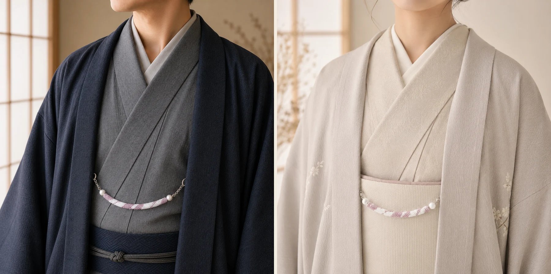 ビーズクロッシェの羽織紐を男性の着物と女性の羽織に合わせたところ — MRE handmade